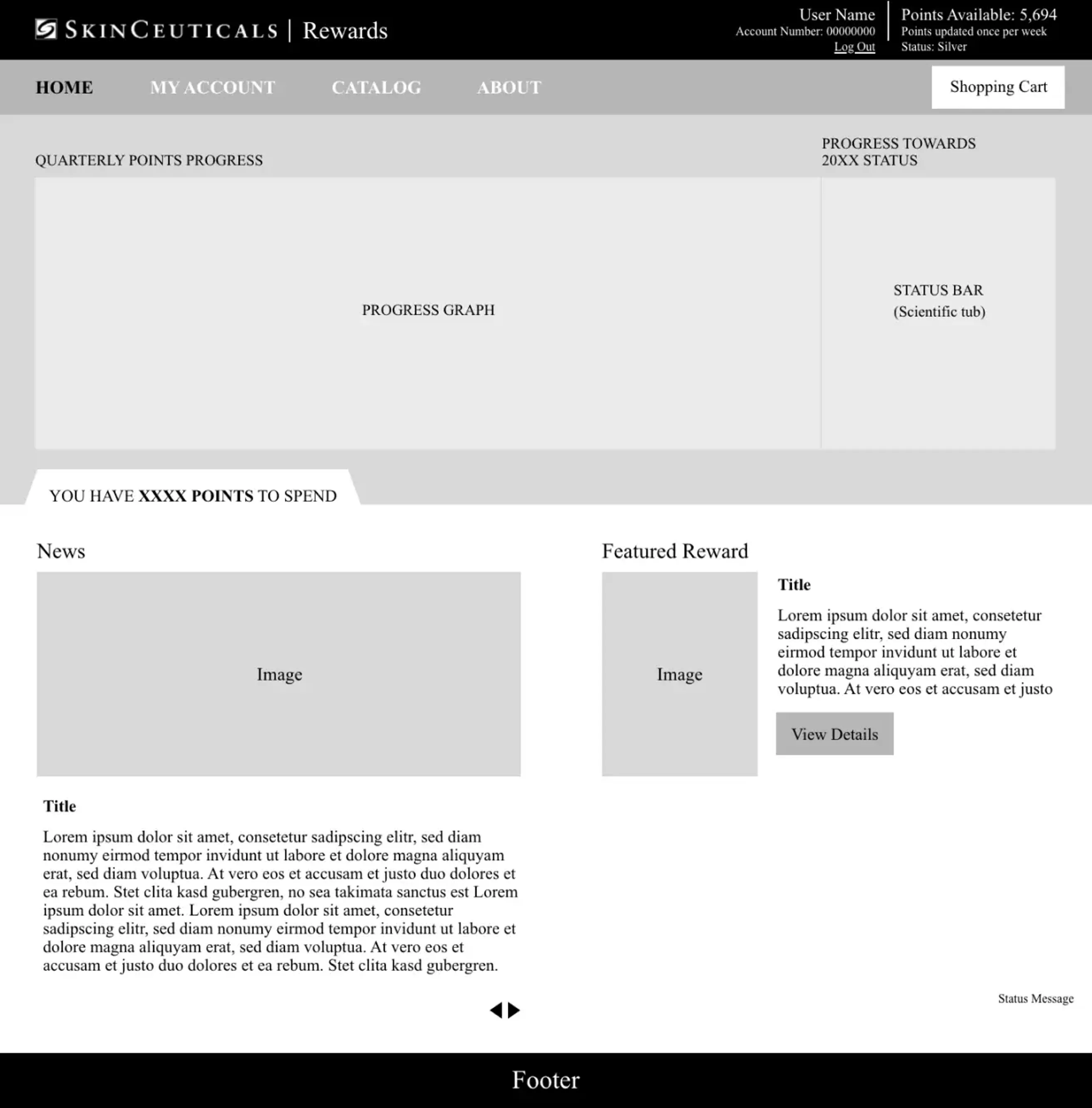 SkinCeuticals Rewards Program homepage wireframe.