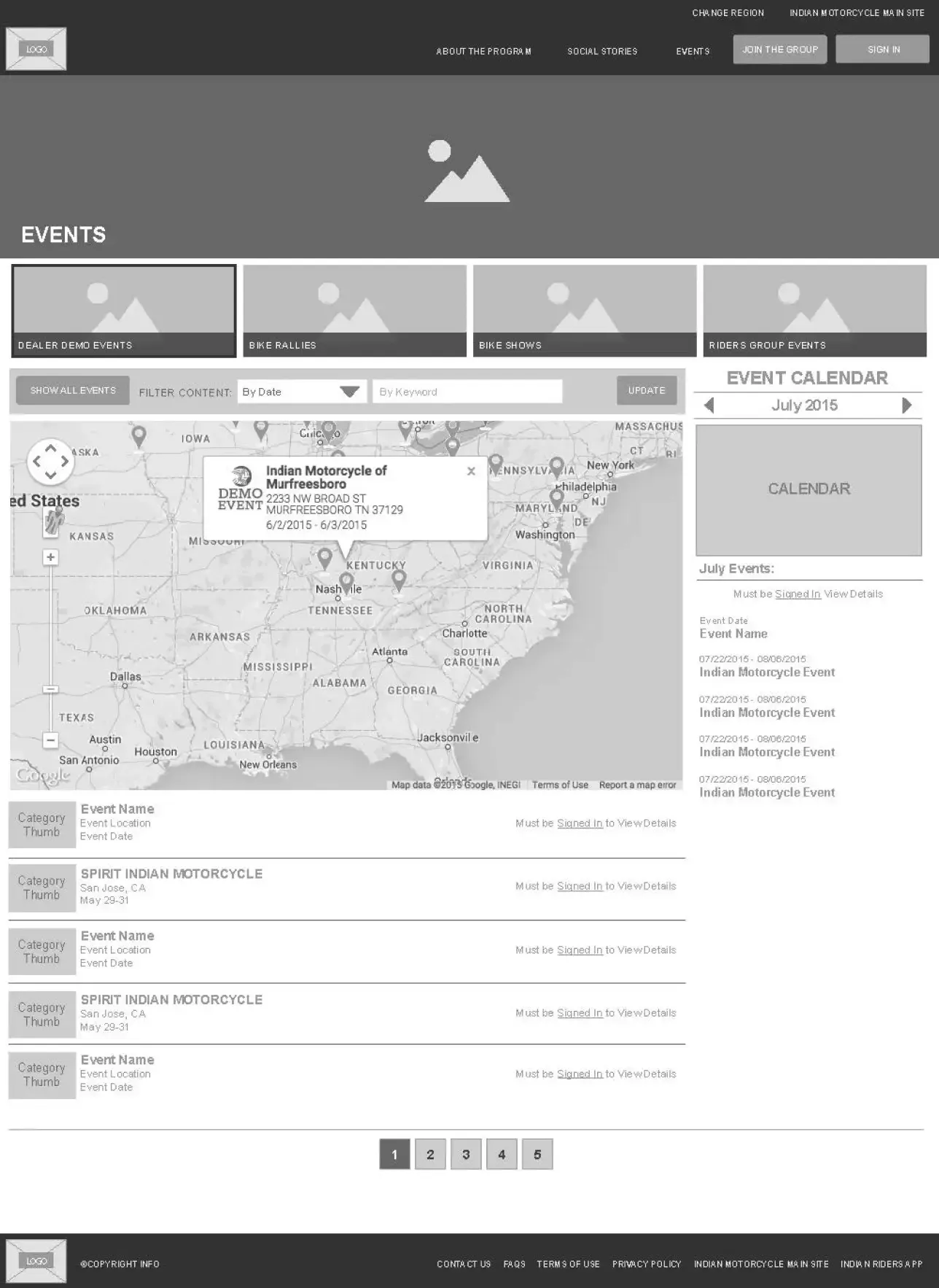 Indian Motorcycle Riders Group events page wireframe.