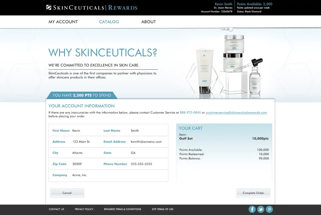 SkinCeuticals Rewards Program my account page high fidelity.