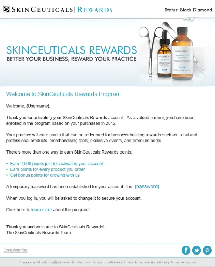 Skinceuticals Rewards Program reward status email.