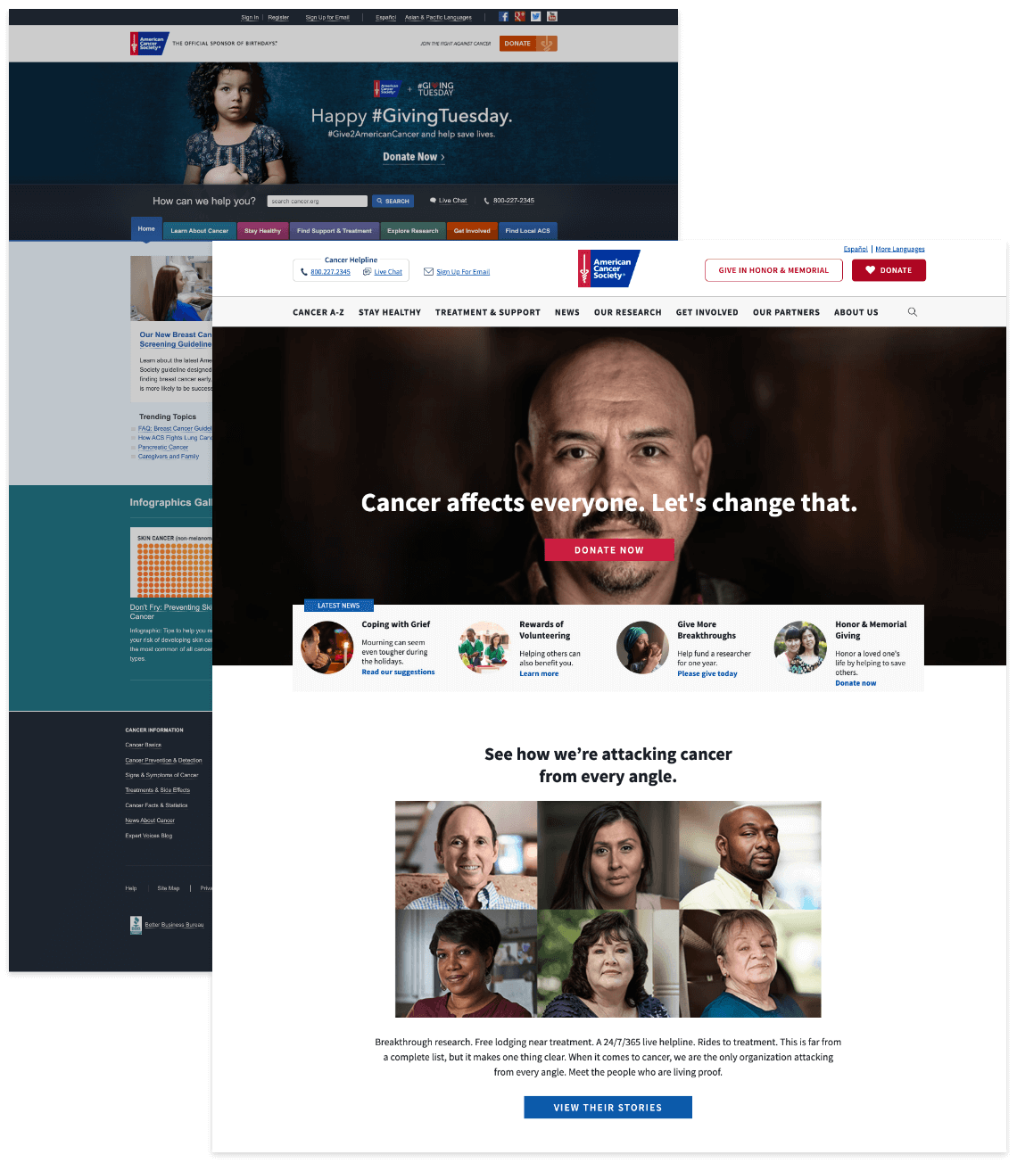 American Cancer Society past and present design homepage
