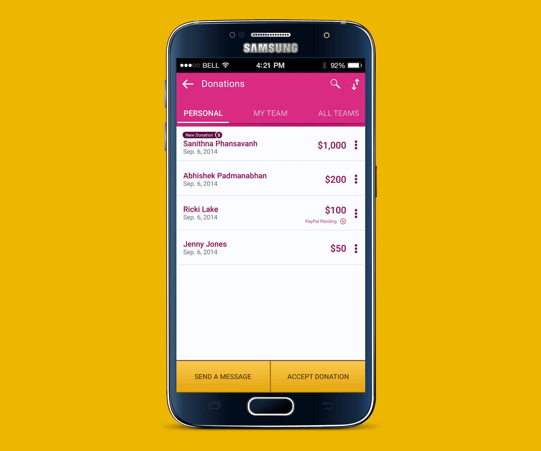 Image of Making Strides Donation List screen