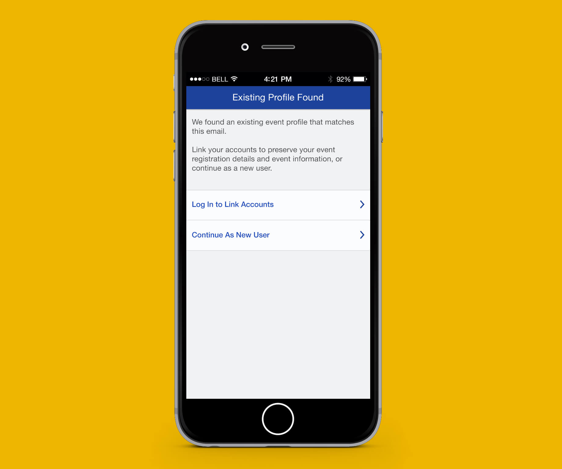 Image of Existing Profile screen