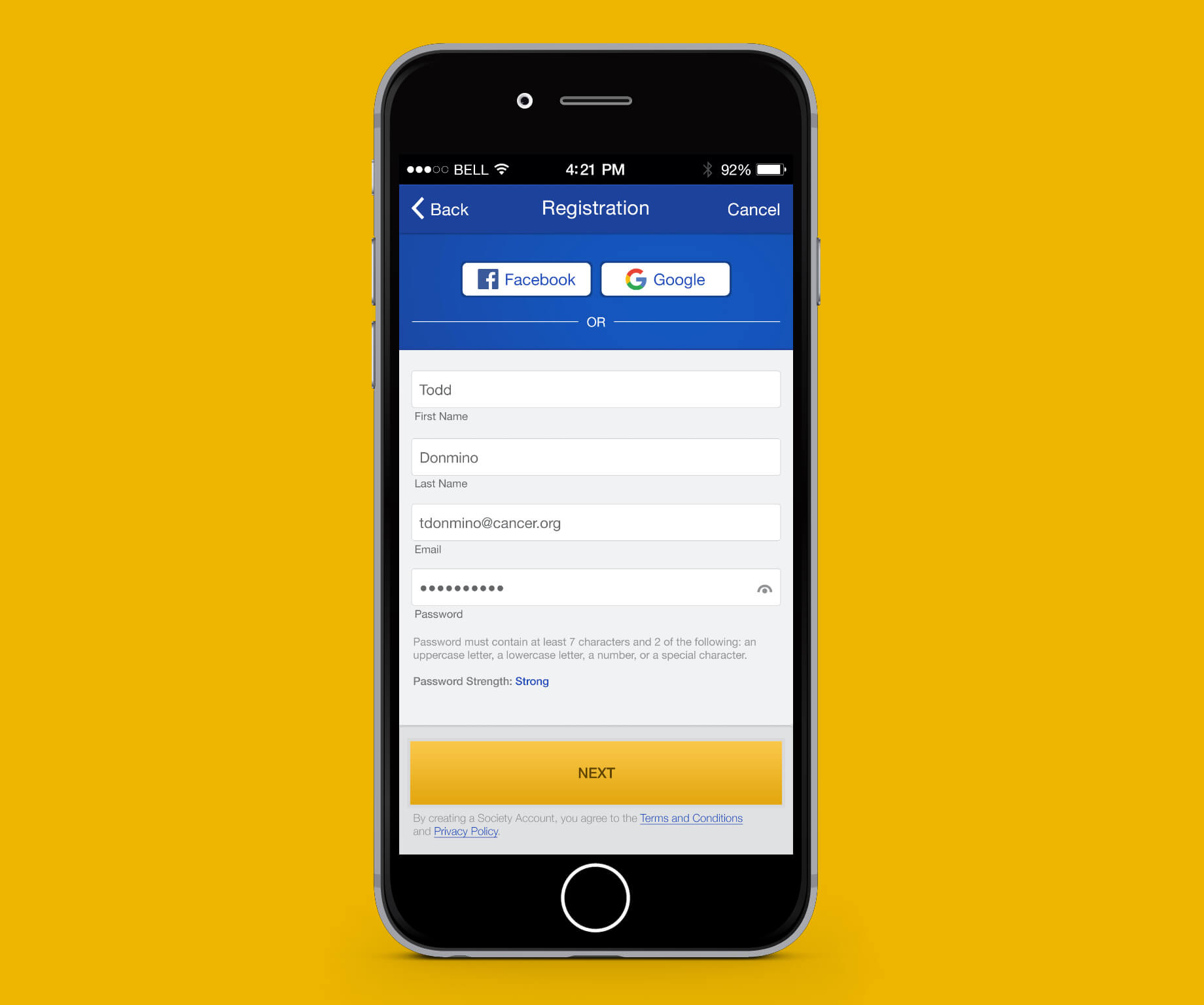 Image of Registration screen