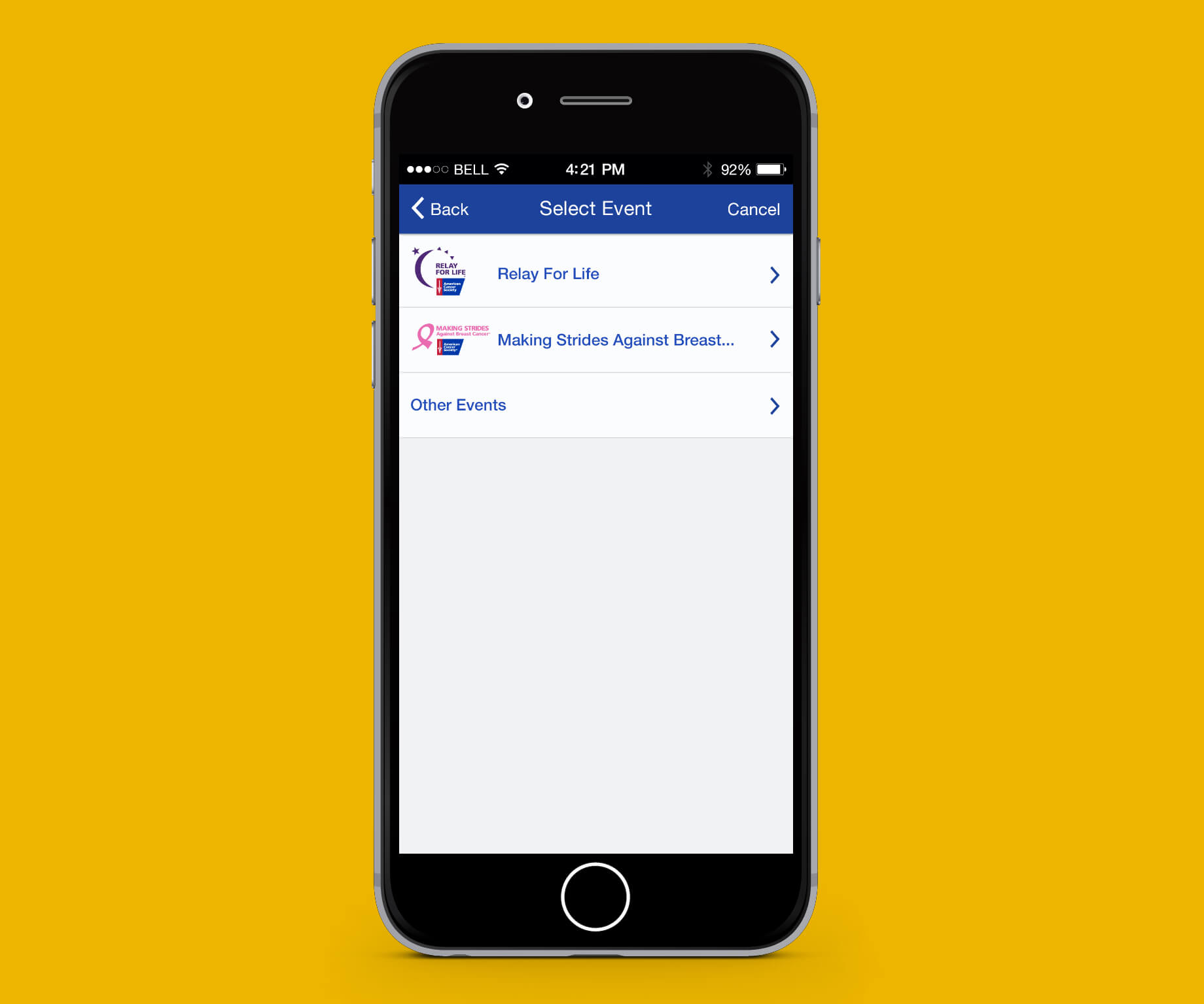 Image of Select Even screen