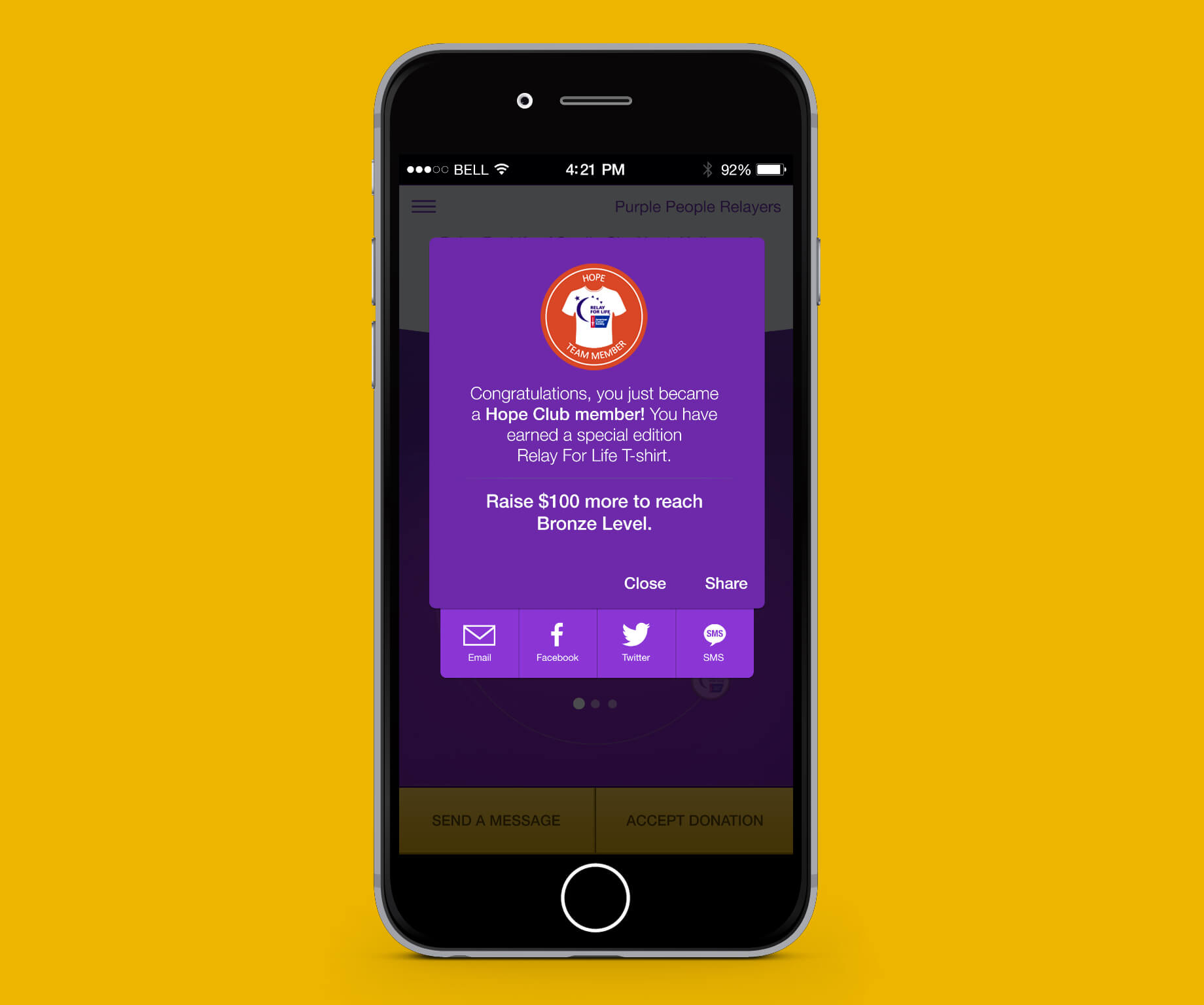 Image of Relay for Life Badge modal screen